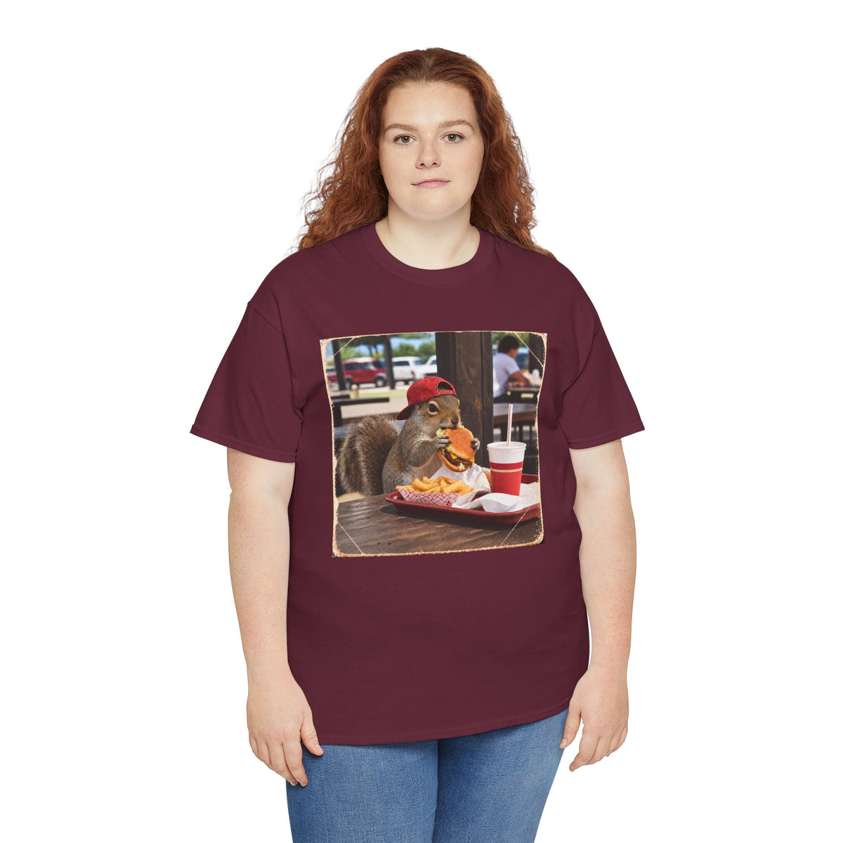 Squirrel Eating Burger T‑Shirt — Funny Animal Photo Tee