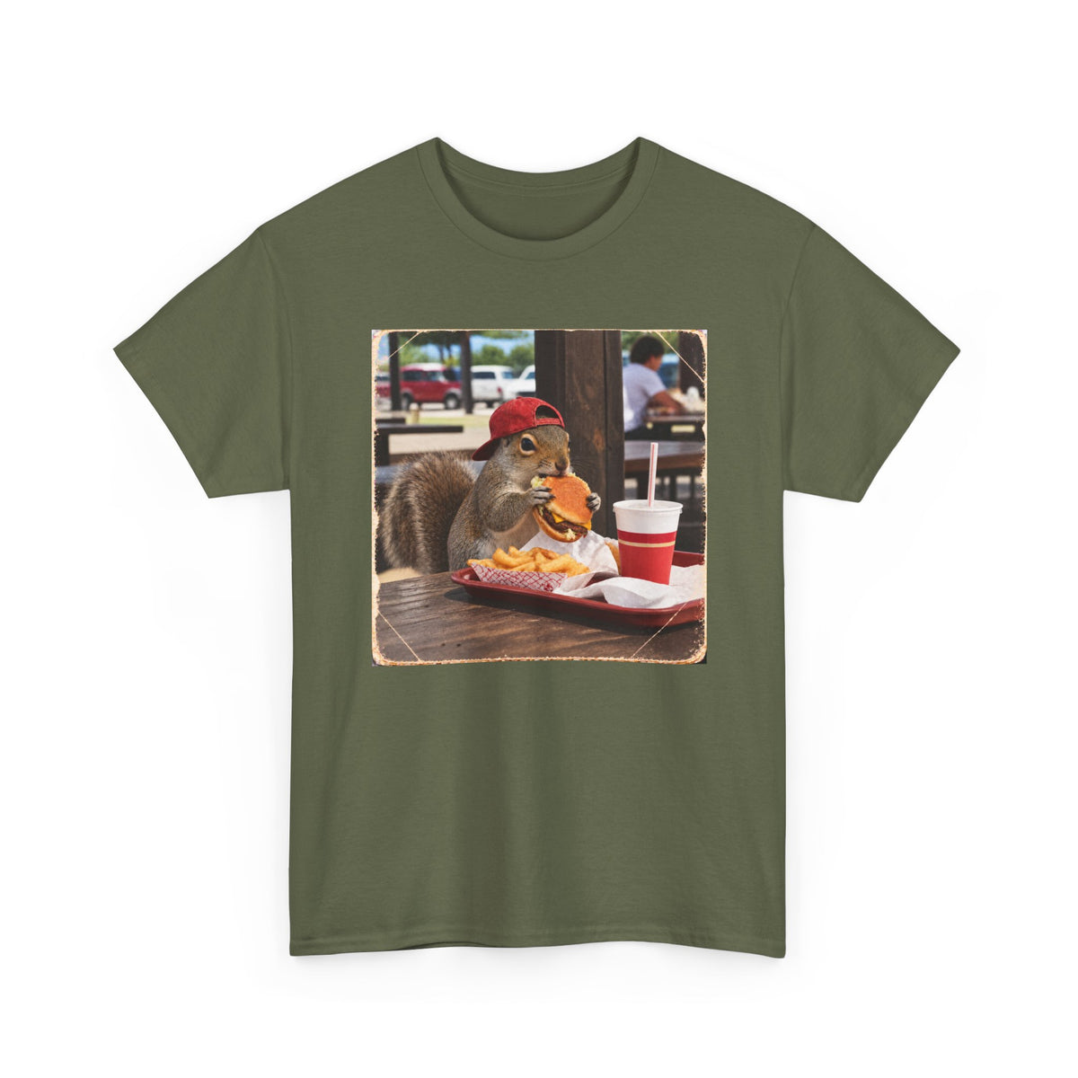 Squirrel Eating Burger T‑Shirt — Funny Animal Photo Tee