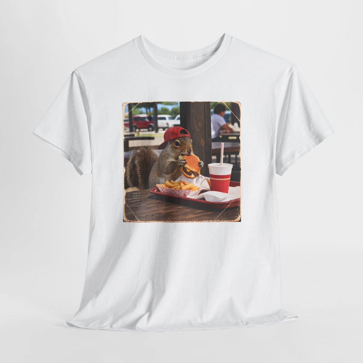 Squirrel Eating Burger T‑Shirt — Funny Animal Photo Tee
