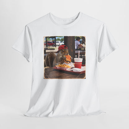 Squirrel Eating Burger T‑Shirt — Funny Animal Photo Tee