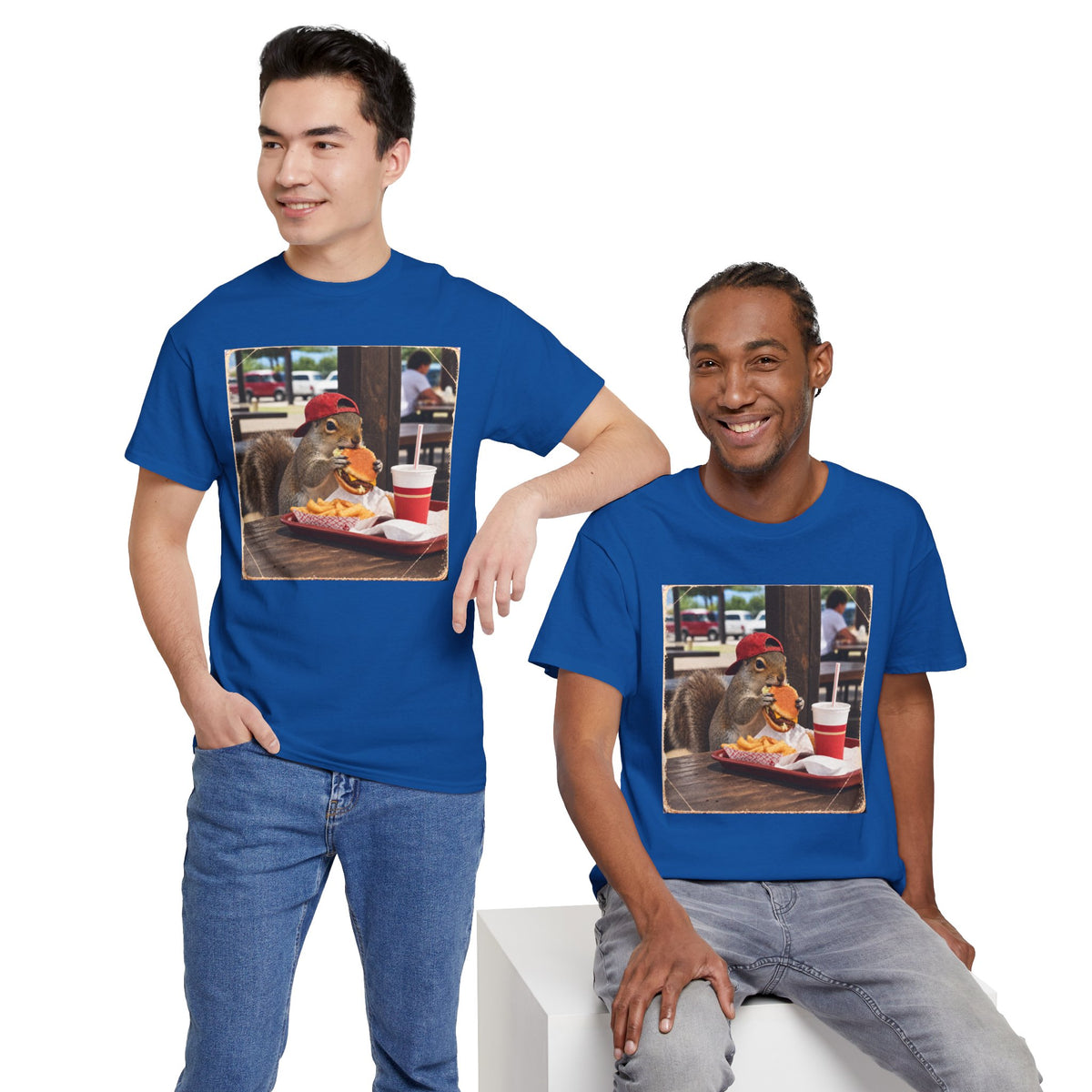 Squirrel Eating Burger T‑Shirt — Funny Animal Photo Tee