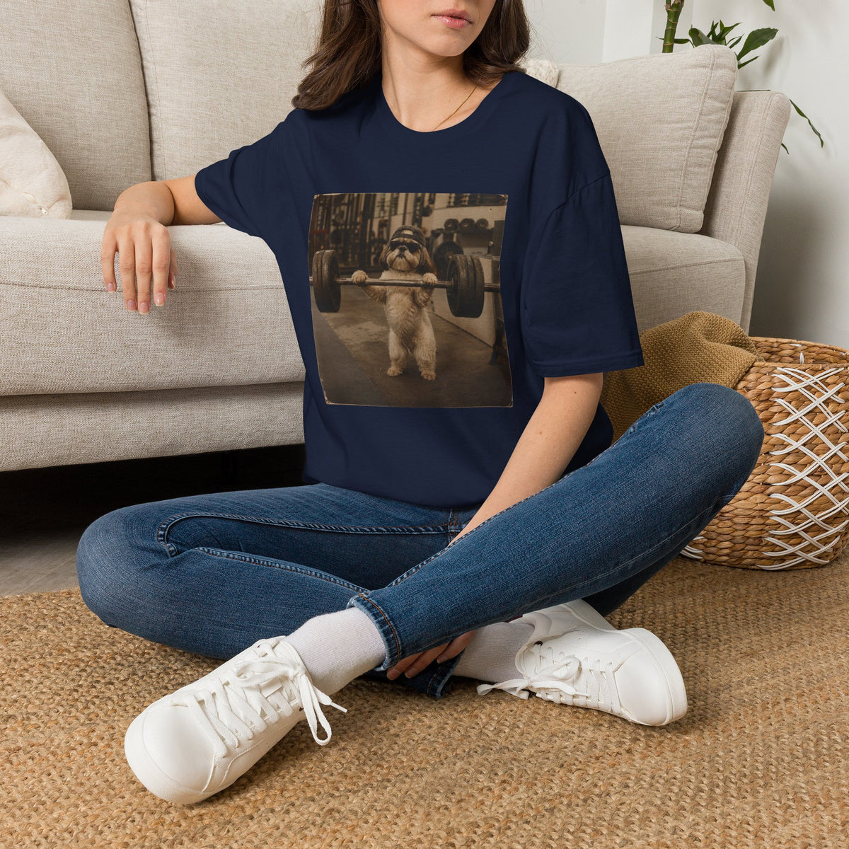 Strong Dog Lifting Barbell T-Shirt | Cute Gym Animal Graphic Tee