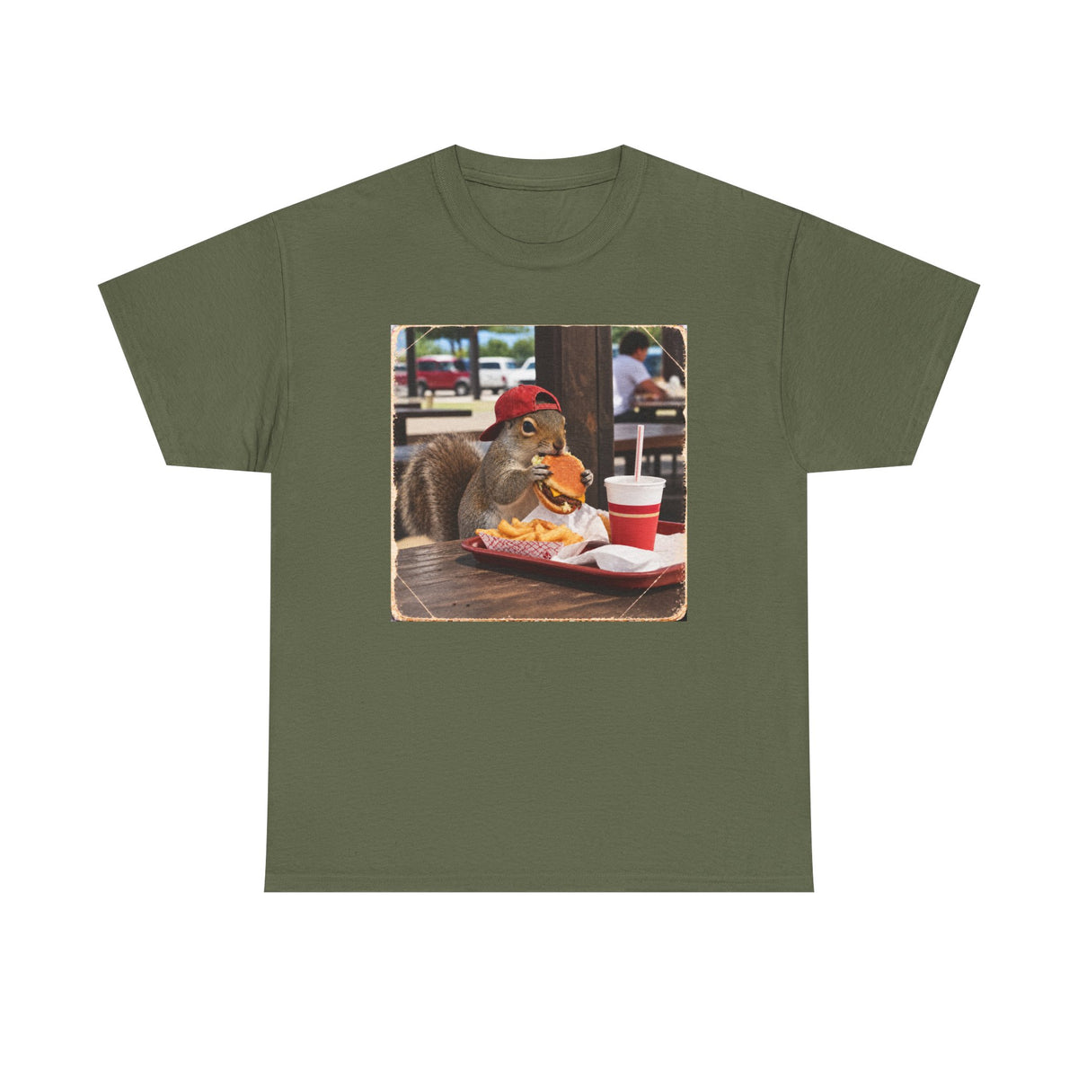 Squirrel Eating Burger T‑Shirt — Funny Animal Photo Tee