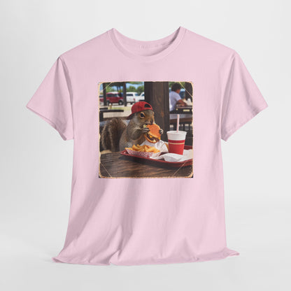 Squirrel Eating Burger T‑Shirt — Funny Animal Photo Tee