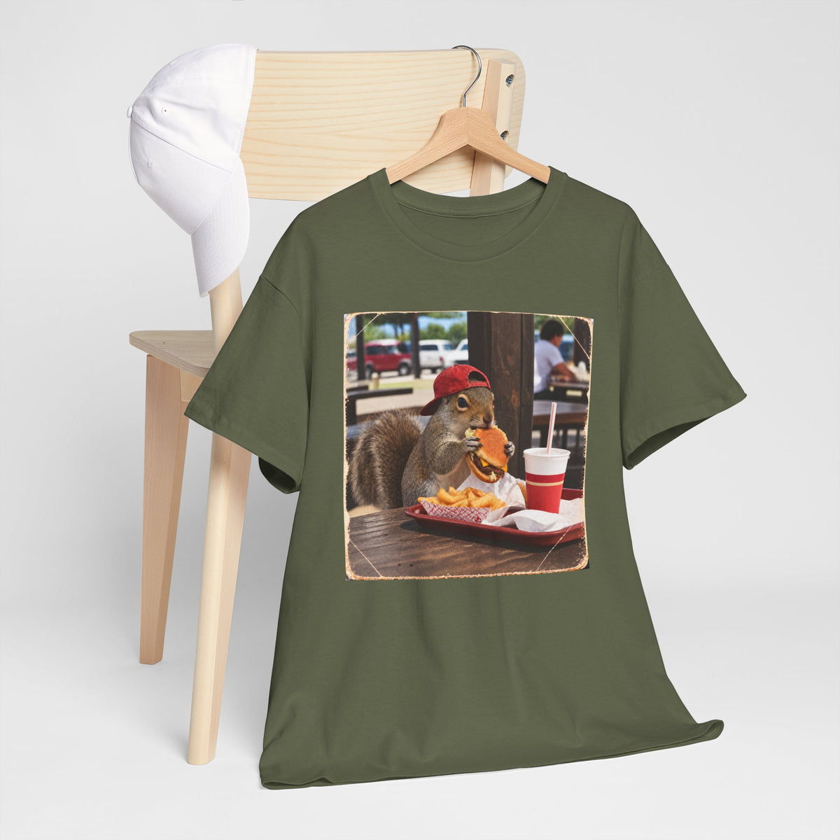 Squirrel Eating Burger T‑Shirt — Funny Animal Photo Tee