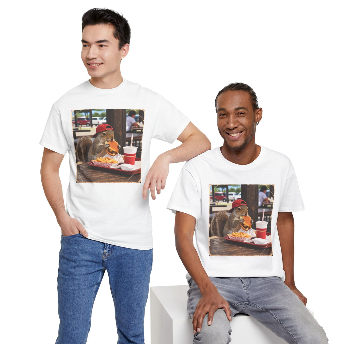 Squirrel Eating Burger T‑Shirt — Funny Animal Photo Tee