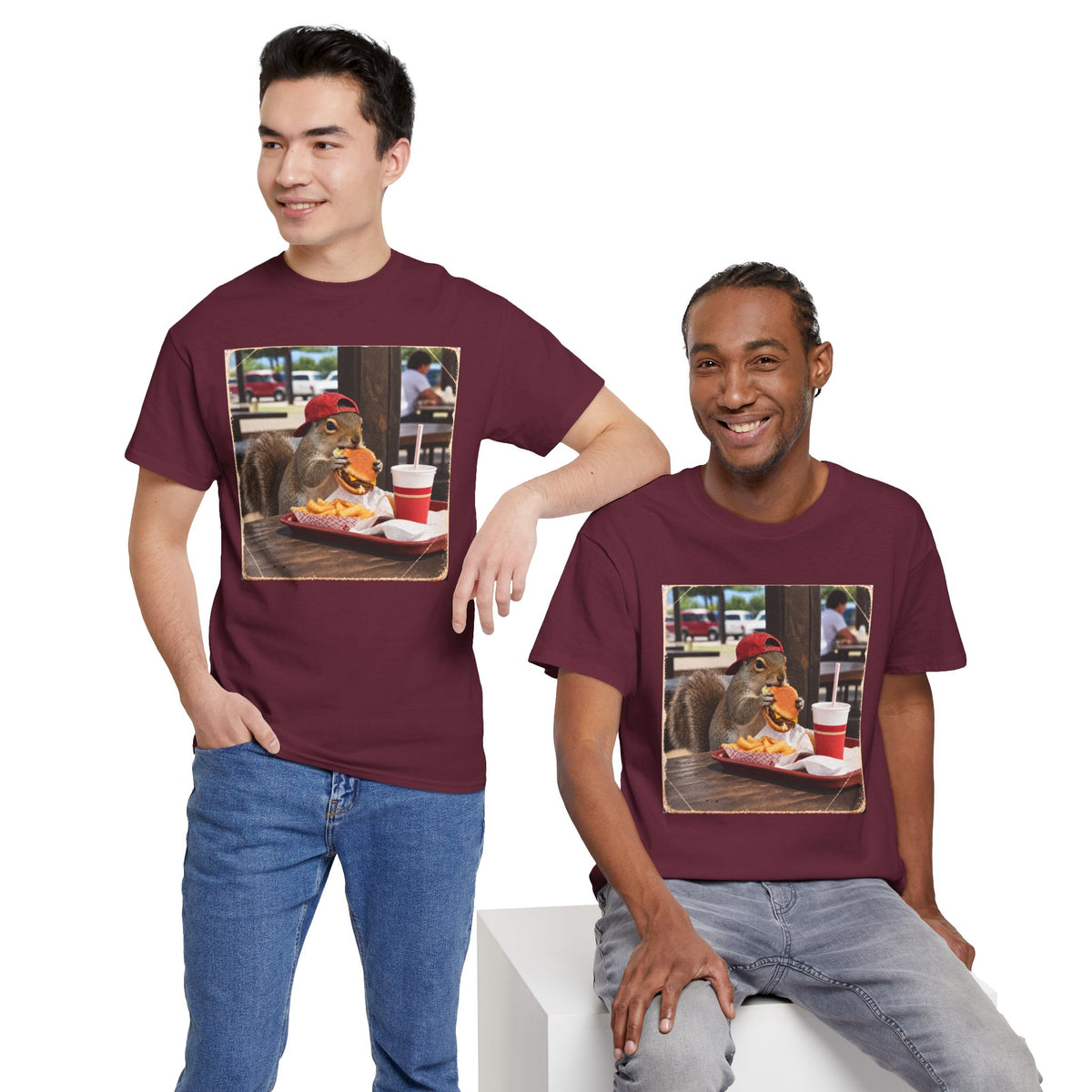 Squirrel Eating Burger T‑Shirt — Funny Animal Photo Tee