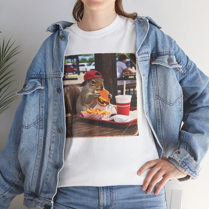 Squirrel Eating Burger T‑Shirt — Funny Animal Photo Tee