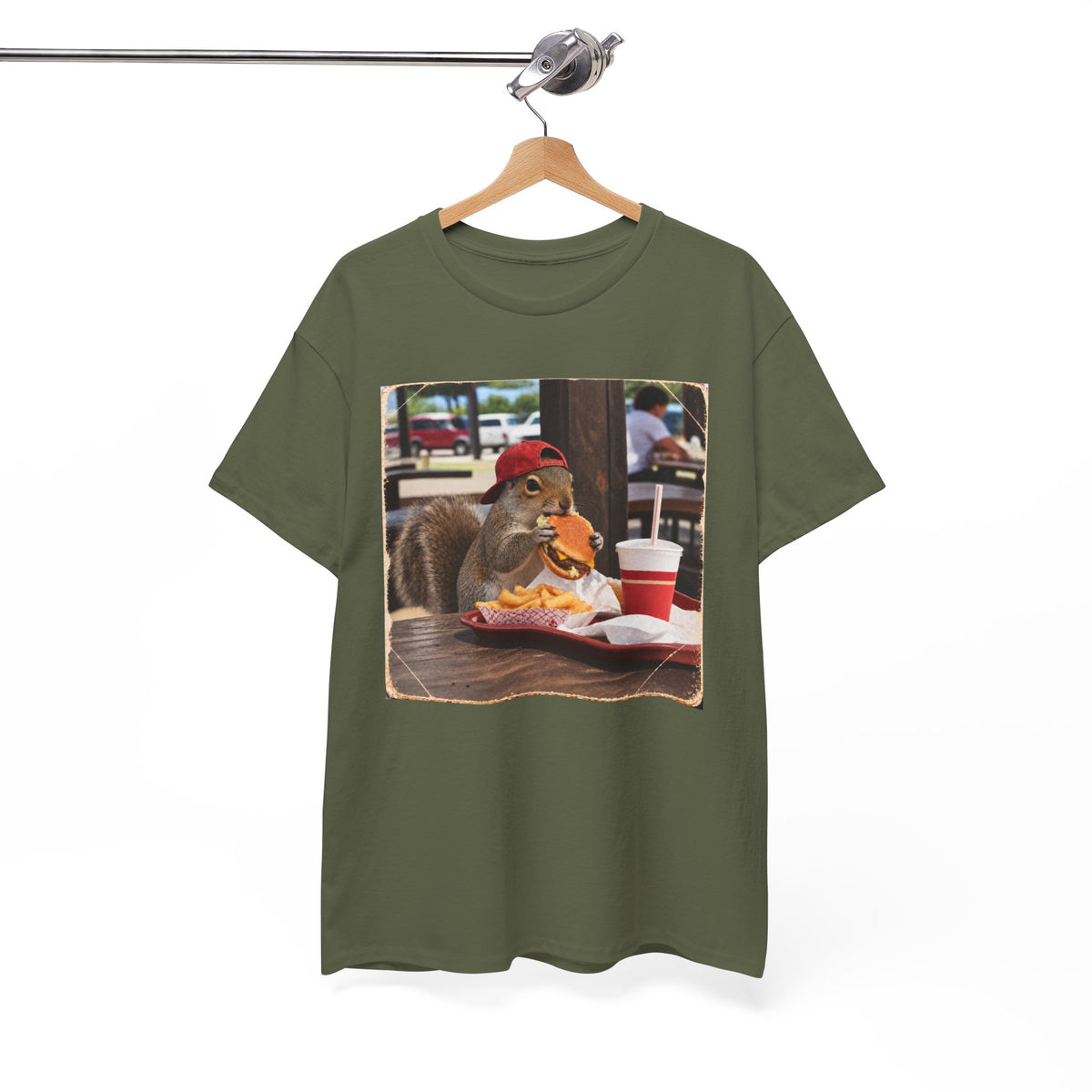 Squirrel Eating Burger T‑Shirt — Funny Animal Photo Tee