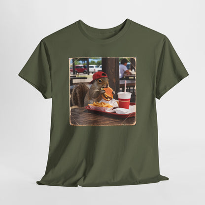 Squirrel Eating Burger T‑Shirt — Funny Animal Photo Tee