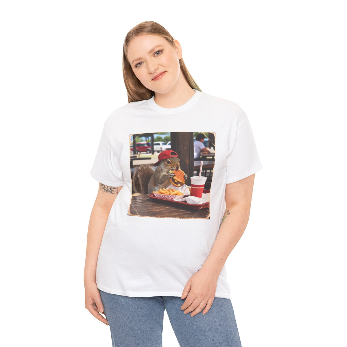 Squirrel Eating Burger T‑Shirt — Funny Animal Photo Tee