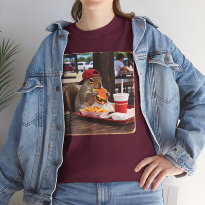 Squirrel Eating Burger T‑Shirt — Funny Animal Photo Tee