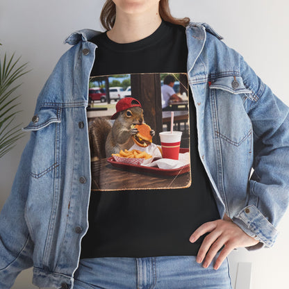 Squirrel Eating Burger T‑Shirt — Funny Animal Photo Tee