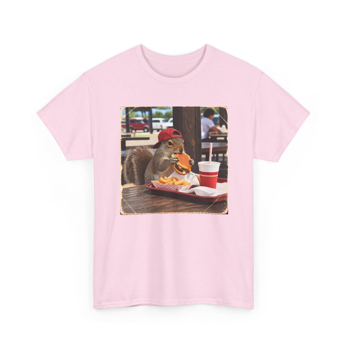 Squirrel Eating Burger T‑Shirt — Funny Animal Photo Tee