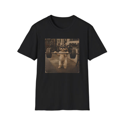 Strong Dog Lifting Barbell T-Shirt | Cute Gym Animal Graphic Tee